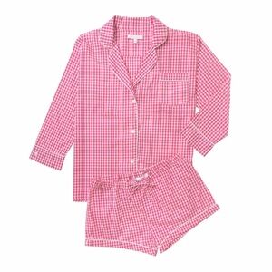 Marigot Maya Check Short Pajama Set Pink Plaid Pajama 100% Cotton XS